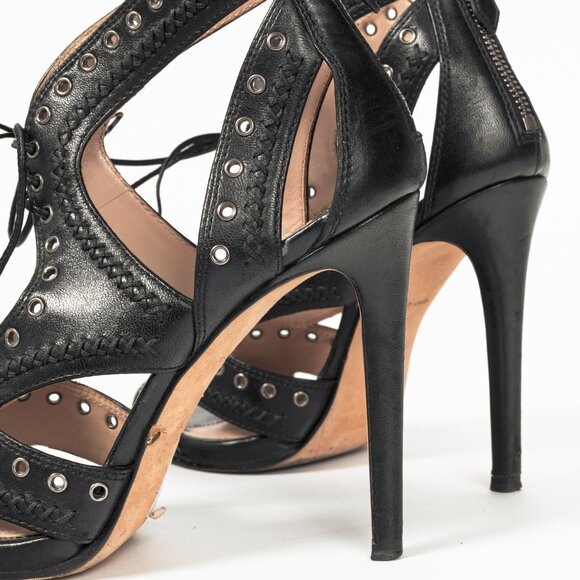 Miu Miu Black Leather Grommet Lace-Up Sandals - Picture 8 of 10